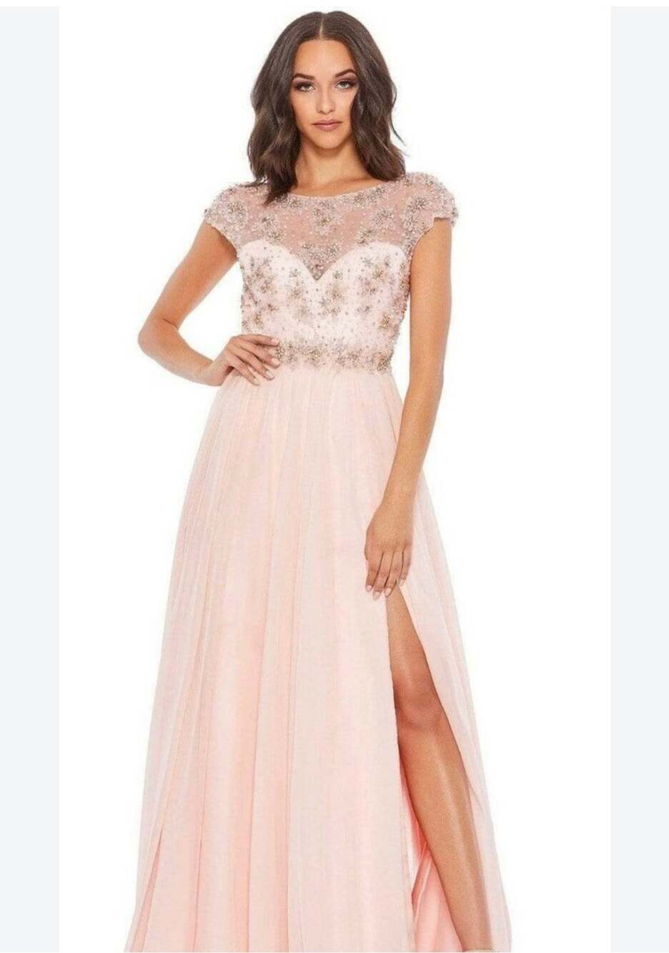 Mac Duggal Bateau Neck Beaded Empire Waist Chiffon Gown Pink Size 10 NWOT